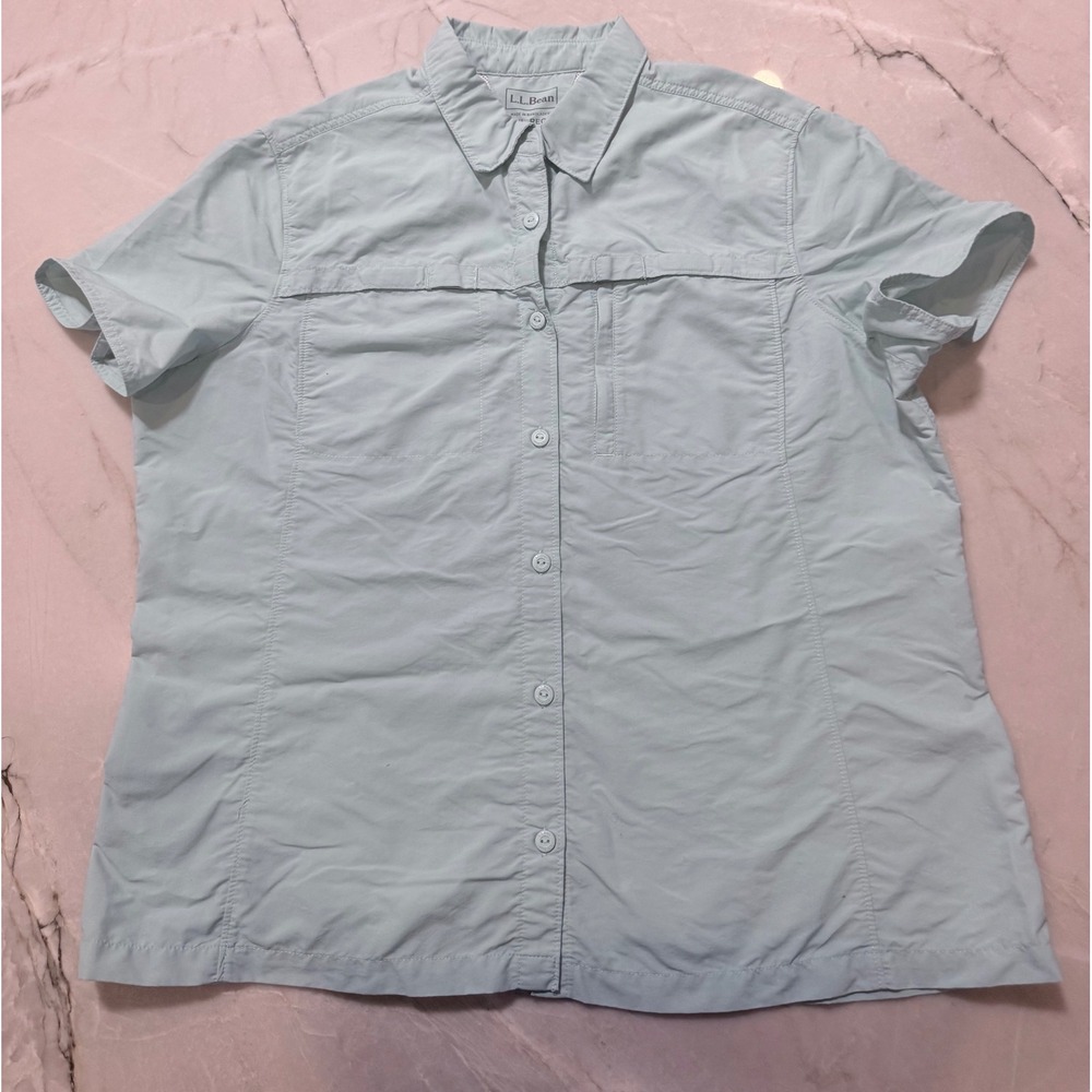 LL Bean Womens XL Regular Short Sleeve Fishing Shirt Mint Green Mesh Back Vent